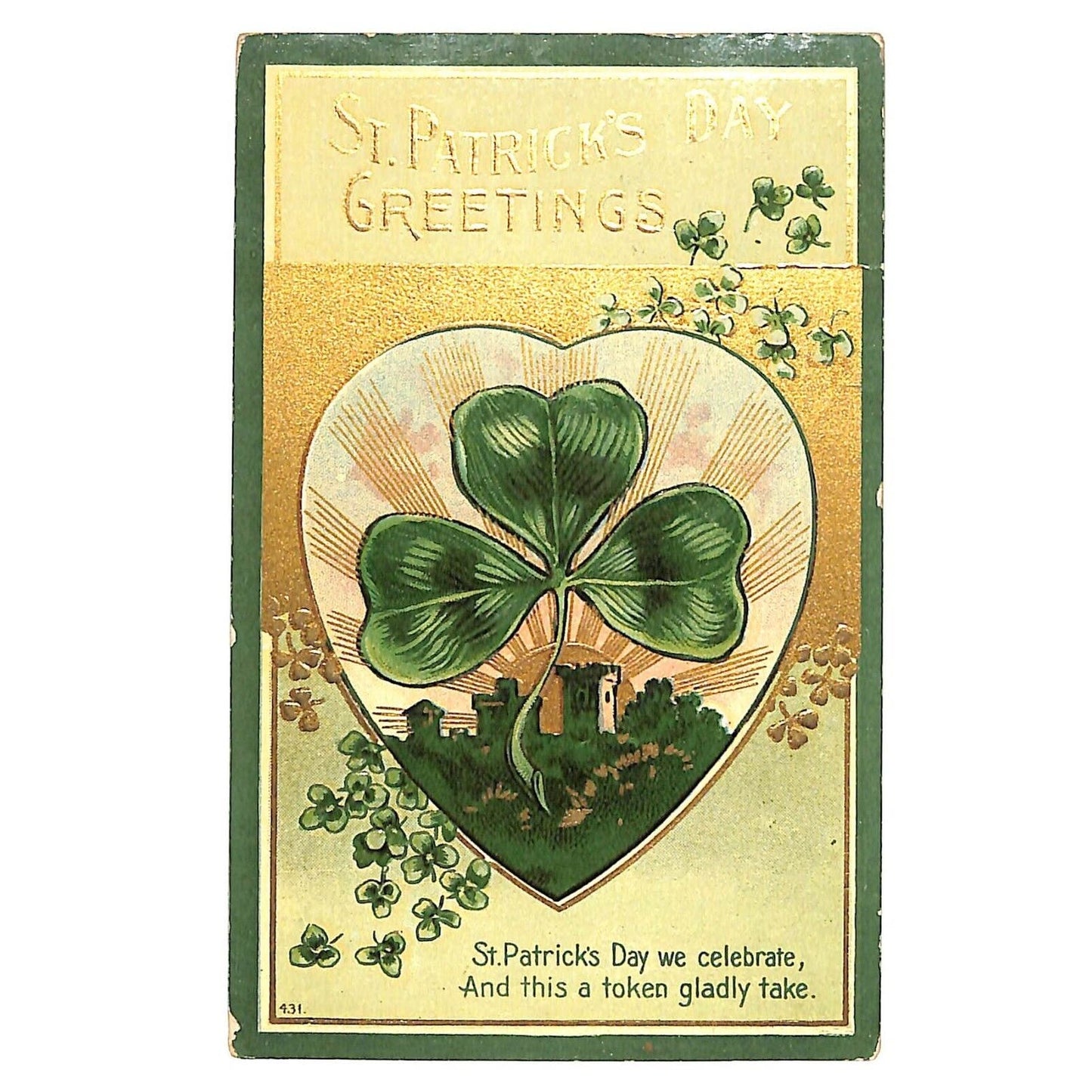 St. Patrick's Day Postcard Clover Castle Radiant Lines Gilt Embossed PM 1910