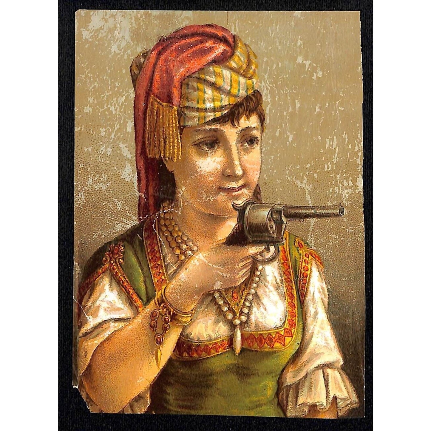 F.W. Wurzburg (Dept. Store Grand Rapids, MI) Victorian Trade Card Woman w/ Gun