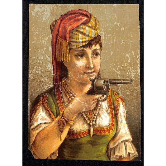 F.W. Wurzburg (Dept. Store Grand Rapids, MI) Victorian Trade Card Woman w/ Gun