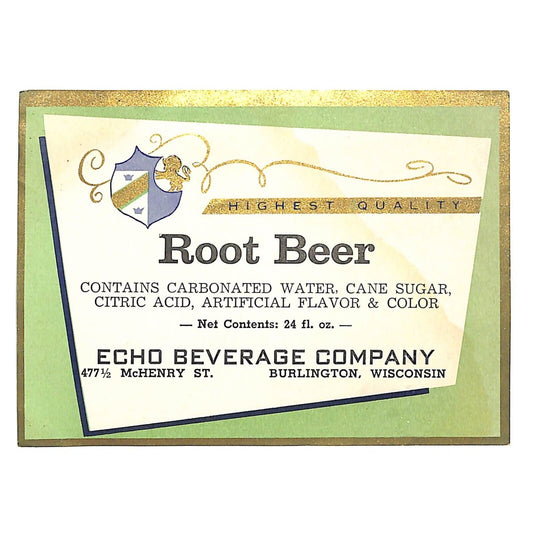 Echo Beverage Root Beer Soda Paper Label Burlington, WI c1940's-50's Scarce