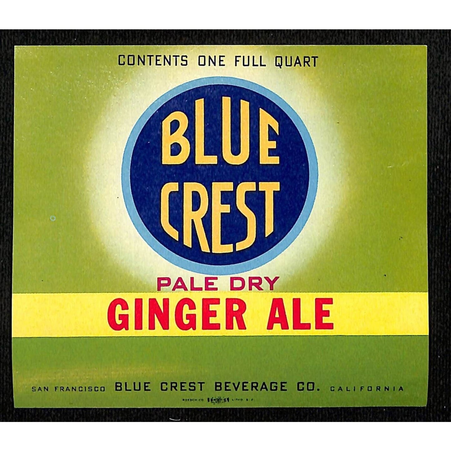 Blue Crest Ginger Ale Paper Soda Label San Francisco c1938 Scarce