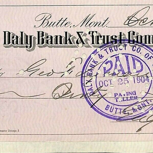 1904 Check Daly Bank & Trust Co. Butte, MT Eugene Carroll to George F. Lyman
