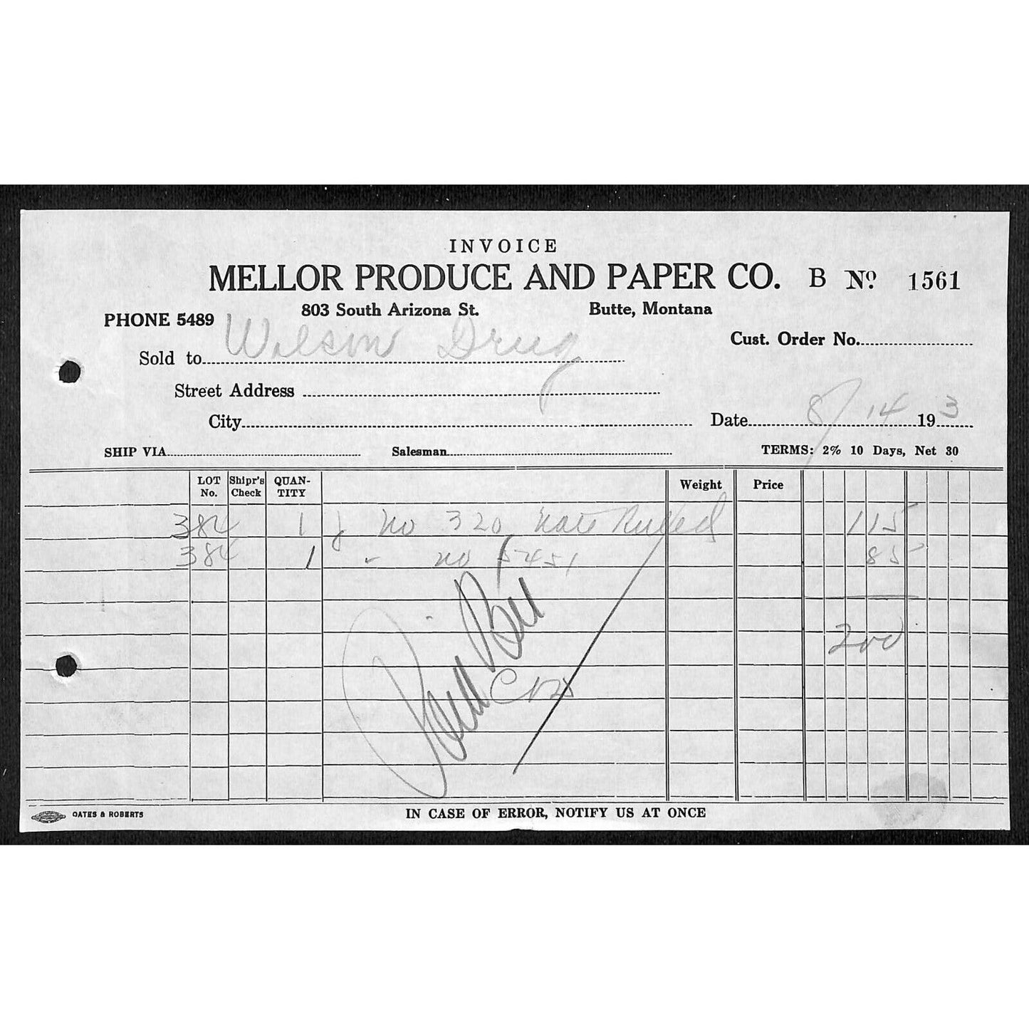 Mellor Produce and Paper Butte Montana 1933 Billhead Letterhead Wilson Drug