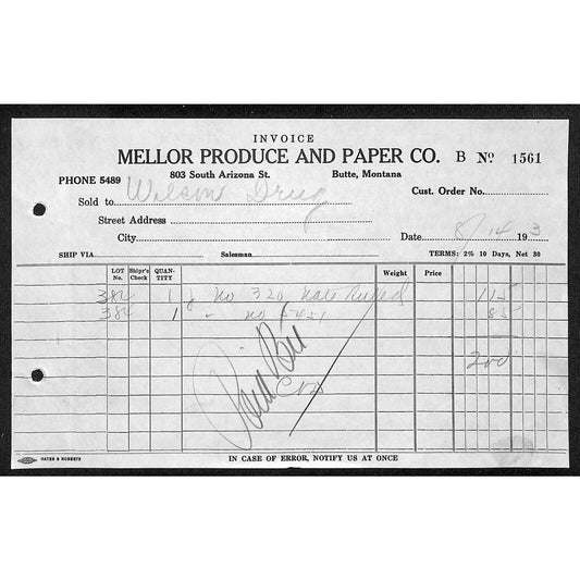 Mellor Produce and Paper Butte Montana 1933 Billhead Letterhead Wilson Drug
