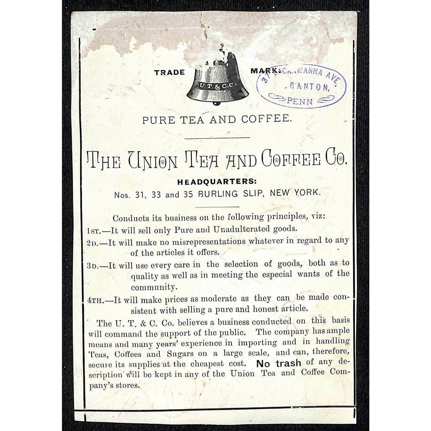 c1880's-90's Victorian Trade Card Union Tea & Coffee Burling Slip, NY Glitter