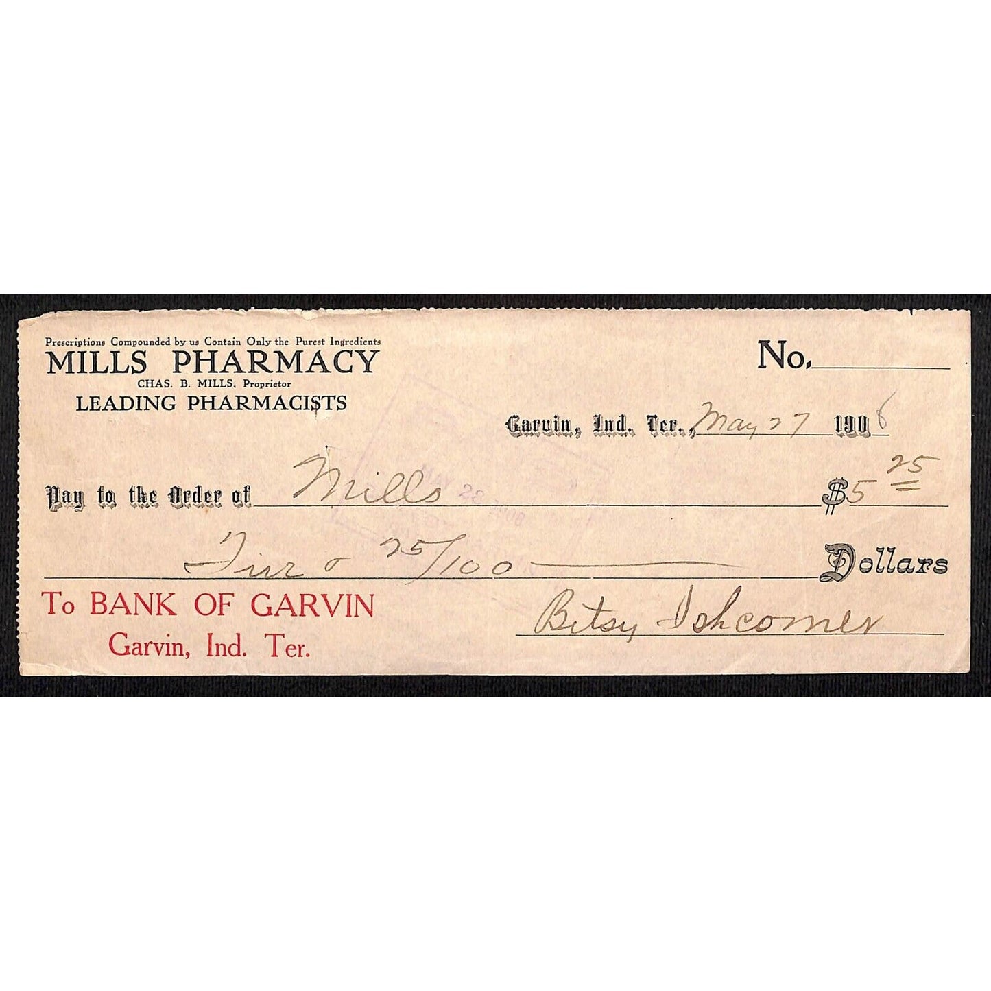 Garvin, OK 1906 Indian Territory Mills Pharmacy Bank Check - Scarce