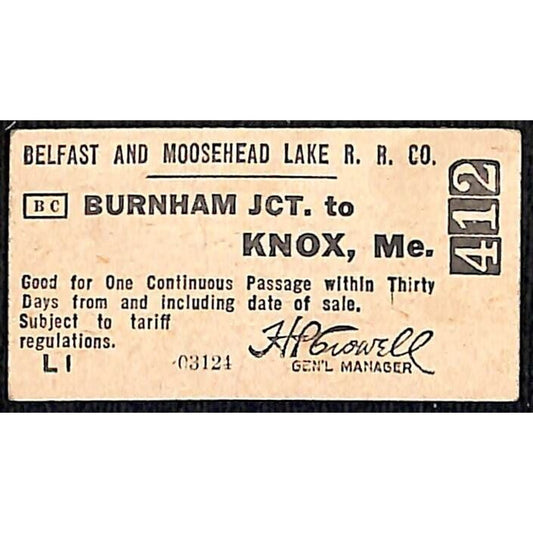 c1935 Belfast and Moosehead Lake Railroad Ticket Knox, ME #412