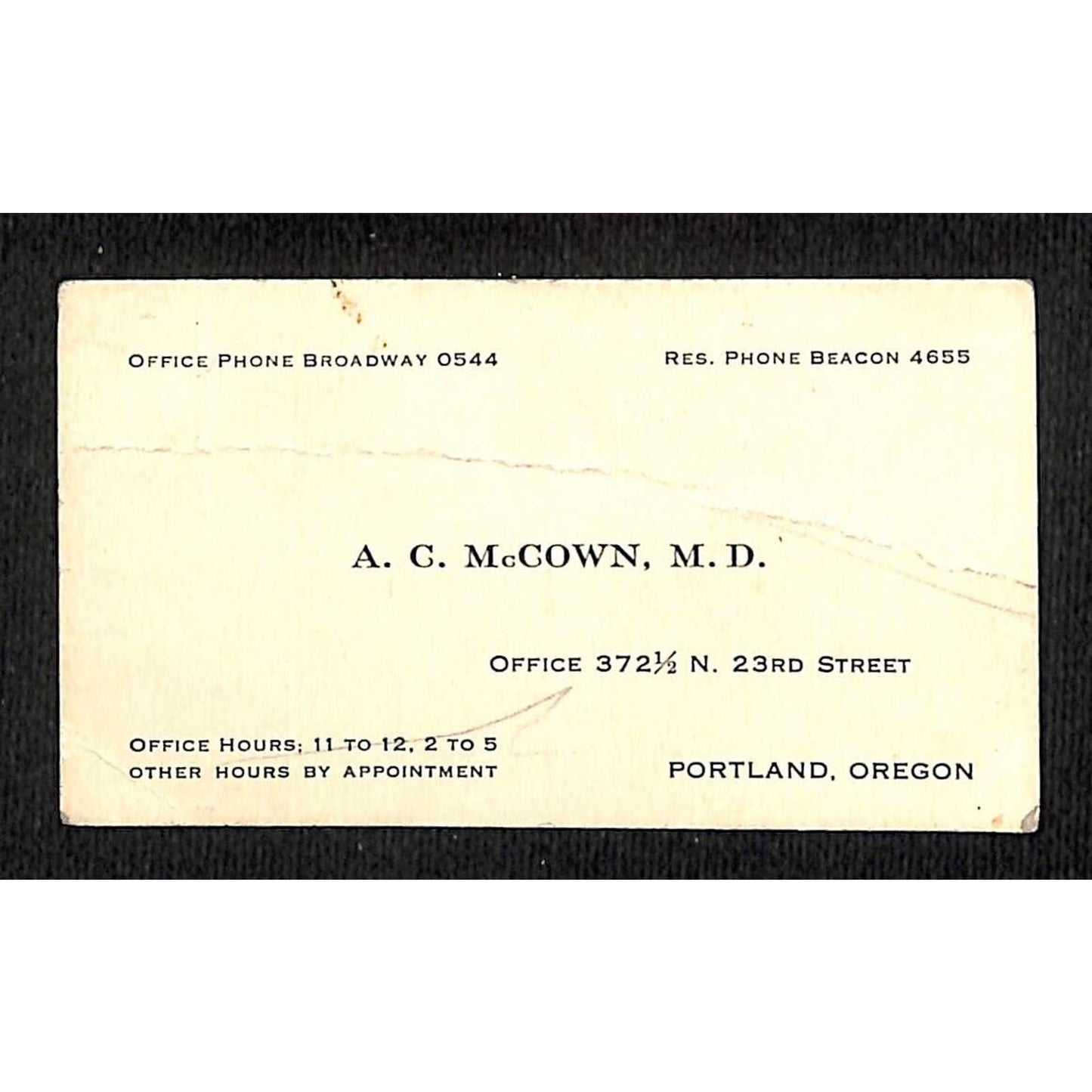 A.C. McCown, M.D. Portland, Oregon c1915-20 Business Card