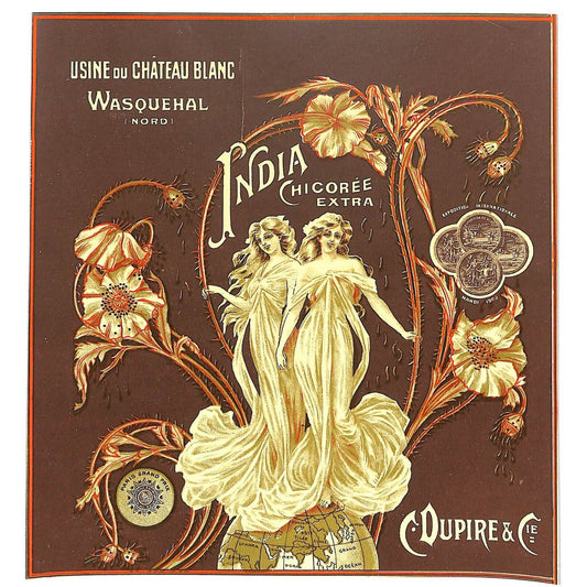 French "India Chicoree" / Chicory Art Nouveau Paper Label VGC C Dupire Wasquehal