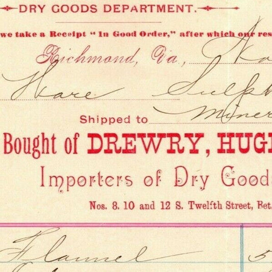 Drewry, Hughes Co. Dry Goods Importers Richmond, VA Letterhead Geo. E. Wear 1892