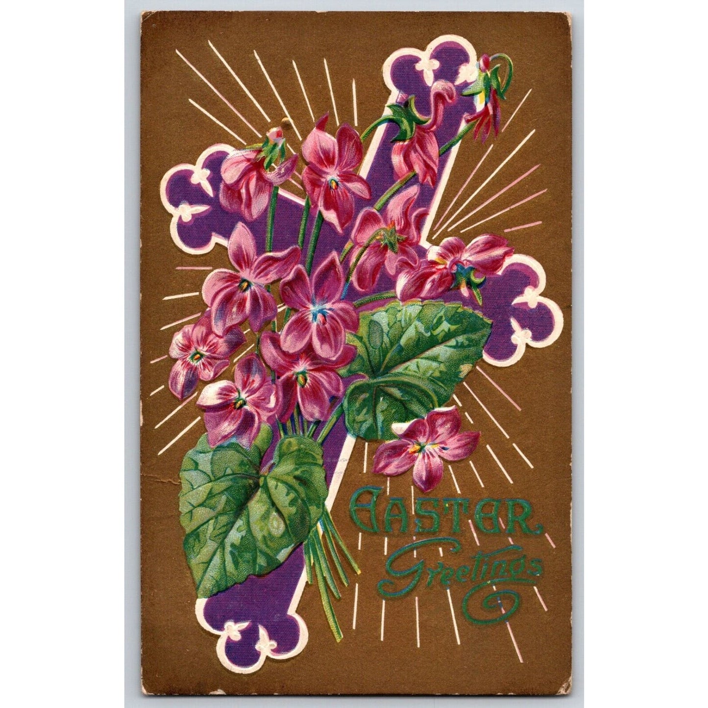 Easter Postcard "Easter Greetings" Floral Cross Church Embossed PM 1912