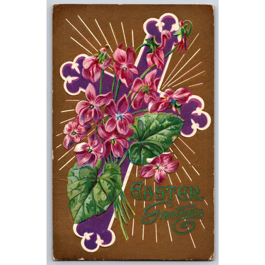 Easter Postcard "Easter Greetings" Floral Cross Church Embossed PM 1912