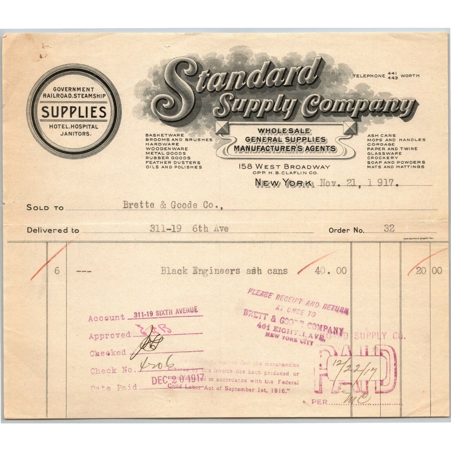 1917 Standard Supply Co. Railroad Hotel Billhead Letterhead Broadway NYC