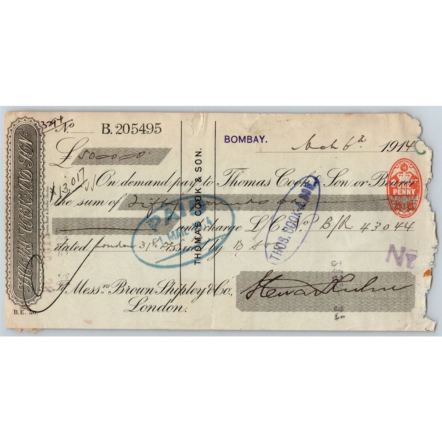 1914 Brown & Shipley Co. London / Thomas Cook & Son Bank Check Tax Stamps