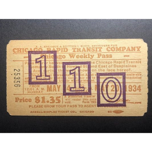 1934 Chicago Rapid Transit Authority Weekly Pass May "110"
