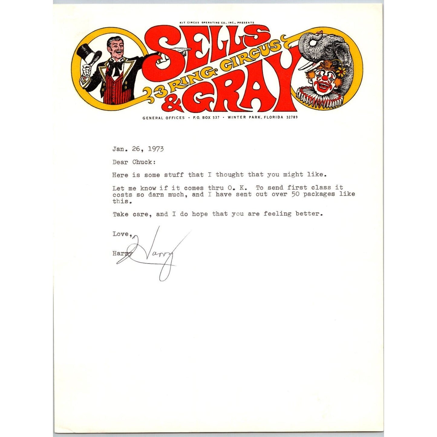 Sells 3 Ring Circus Letterhead 1973 Clown Elephants Ringmaster - Scarce