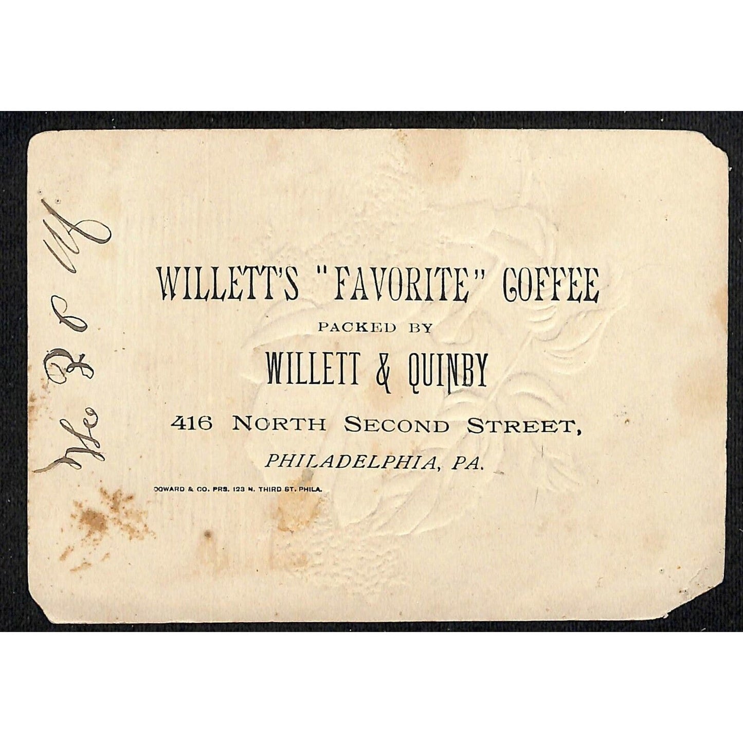 1880-90's Victorian Trade Card Willett's & Quinby Coffee Philadelphia, PA