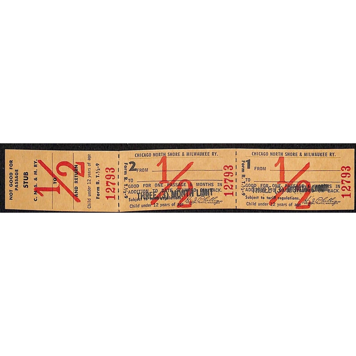 Chicago North Shore & Milwaukee RY Ticket & Stub c1950's Write-in 1/2 Fare 12793