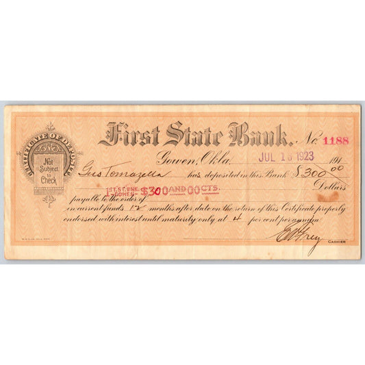 Gowen, Oklahoma 1923 First State Bank $300 12 Month 4% Certificate of Deposit