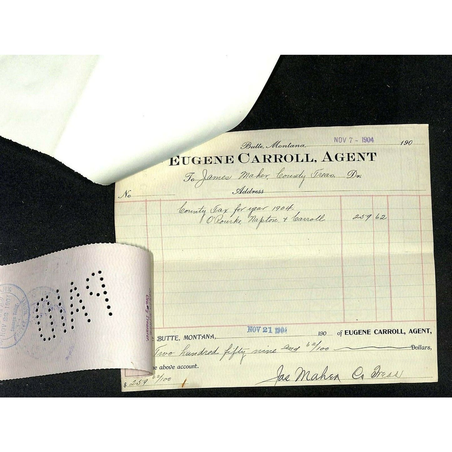 1904 Check Daly Bank Trust of Butte, MT Eugene Carroll Silver Bow Tax Receipt