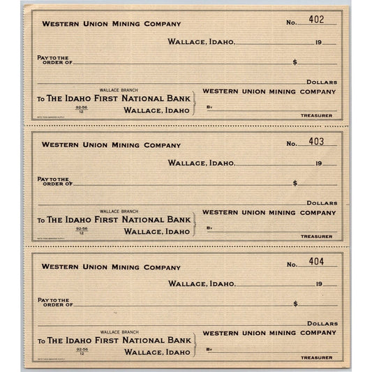 Wallace Idaho Western Union Mining Co. First National Bank Check Sheet c1916-47