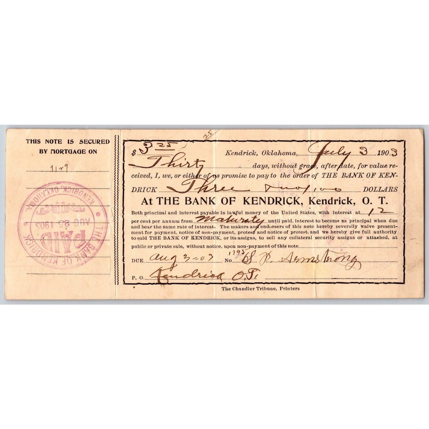 Kendrick, Oklahoma Territorial 1903 Bank Check Scarce - VGC