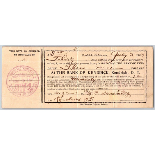 Kendrick, Oklahoma Territorial 1903 Bank Check Scarce - VGC