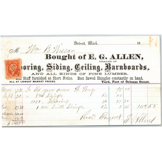 Detroit Letterhead E.G. Allen Flooring Siding Barnboards 1870 w/ Rev Stamp