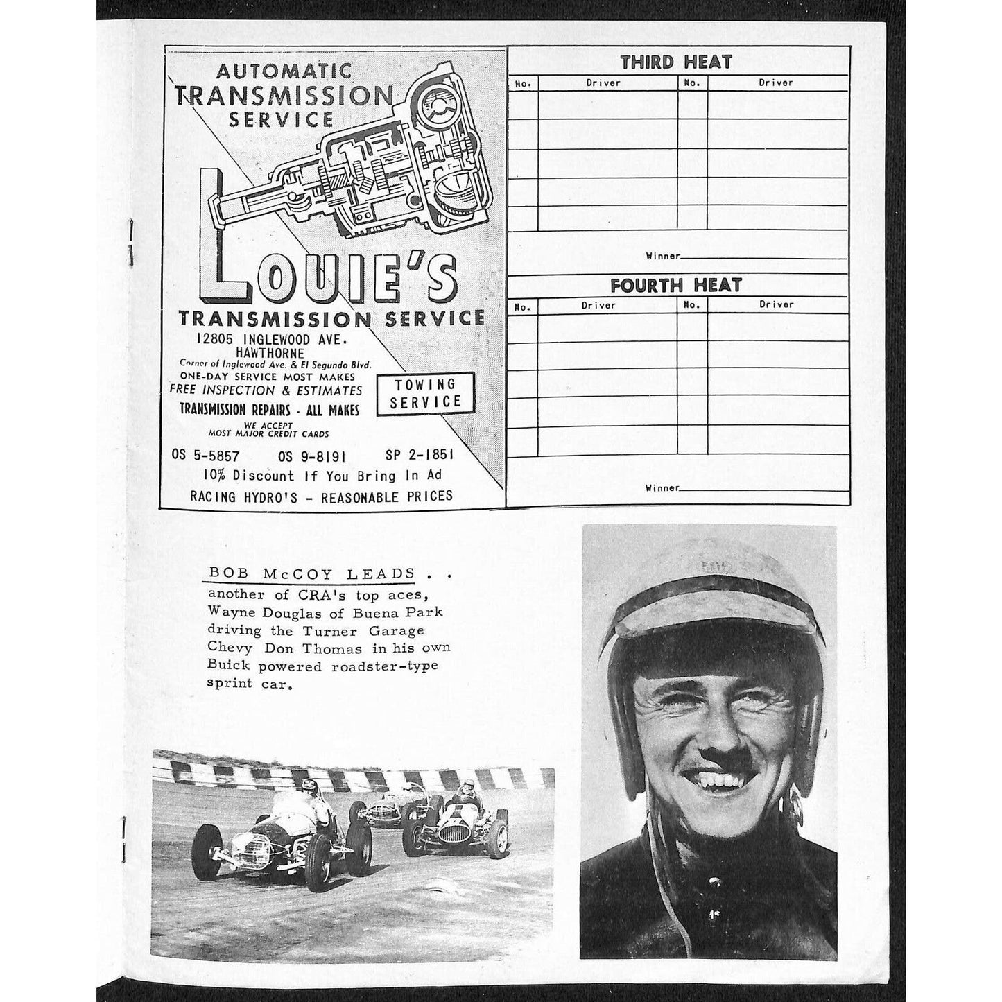 Scarce circa Oct 1962 Auto Racing CRA Big Car Program Ascot Gardena, CA 8pp.
