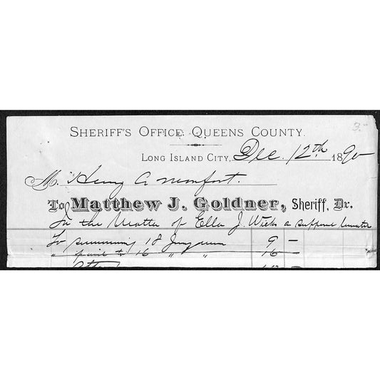 Long Island City, NY Matthew J. Goldner, 1890's Sheriff Billhead / Letterhead