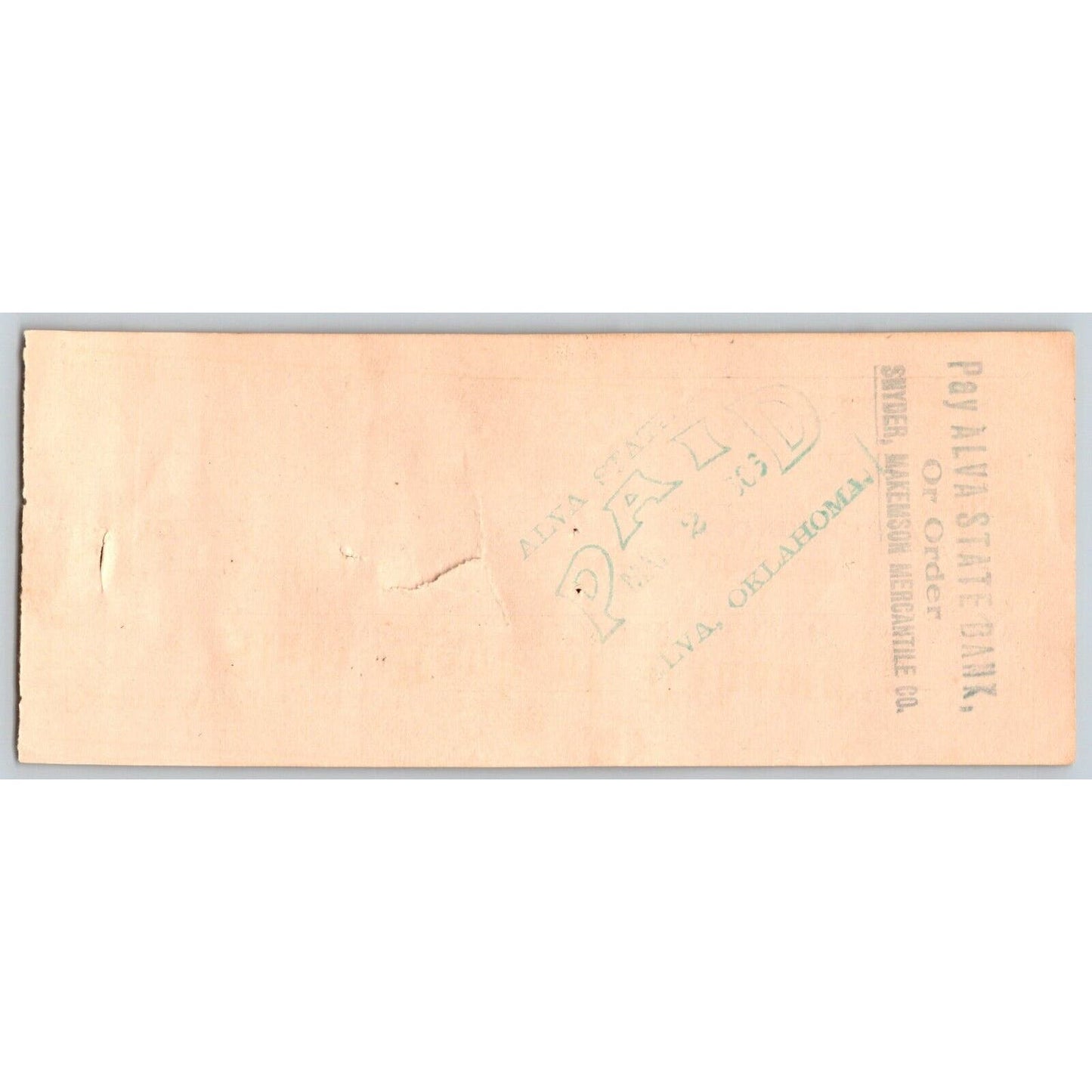 Alva, OK 1906 Territorial Farmers State Bank Check - Scarce