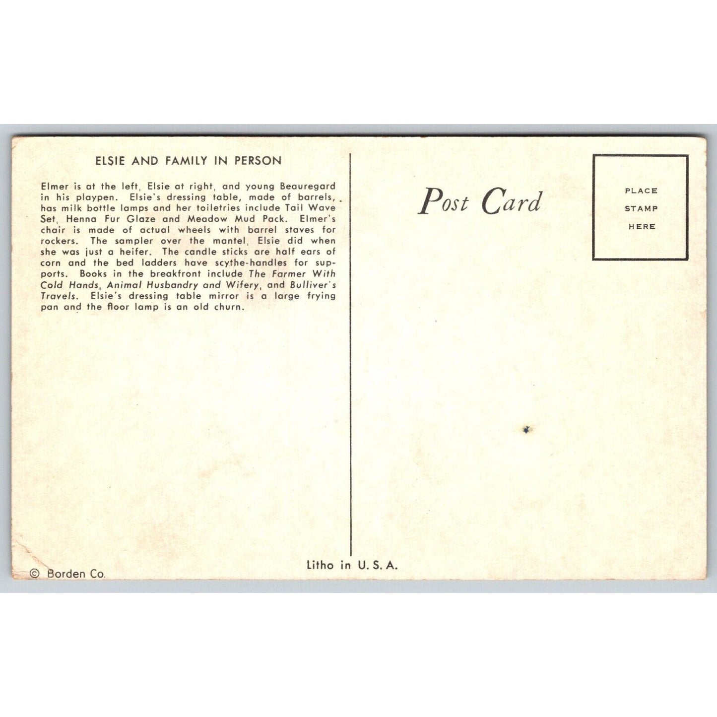 Borden's Elsie, Elmer and Beauregard Living Room Advertising Postcard - VGC