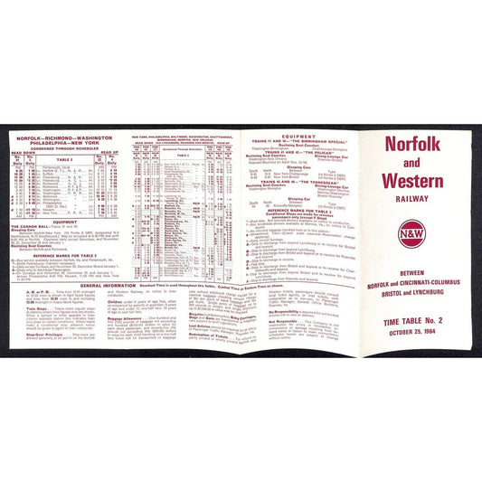 Norfolk and Western Railway Time Table No. 2 10/25 1964 VGC