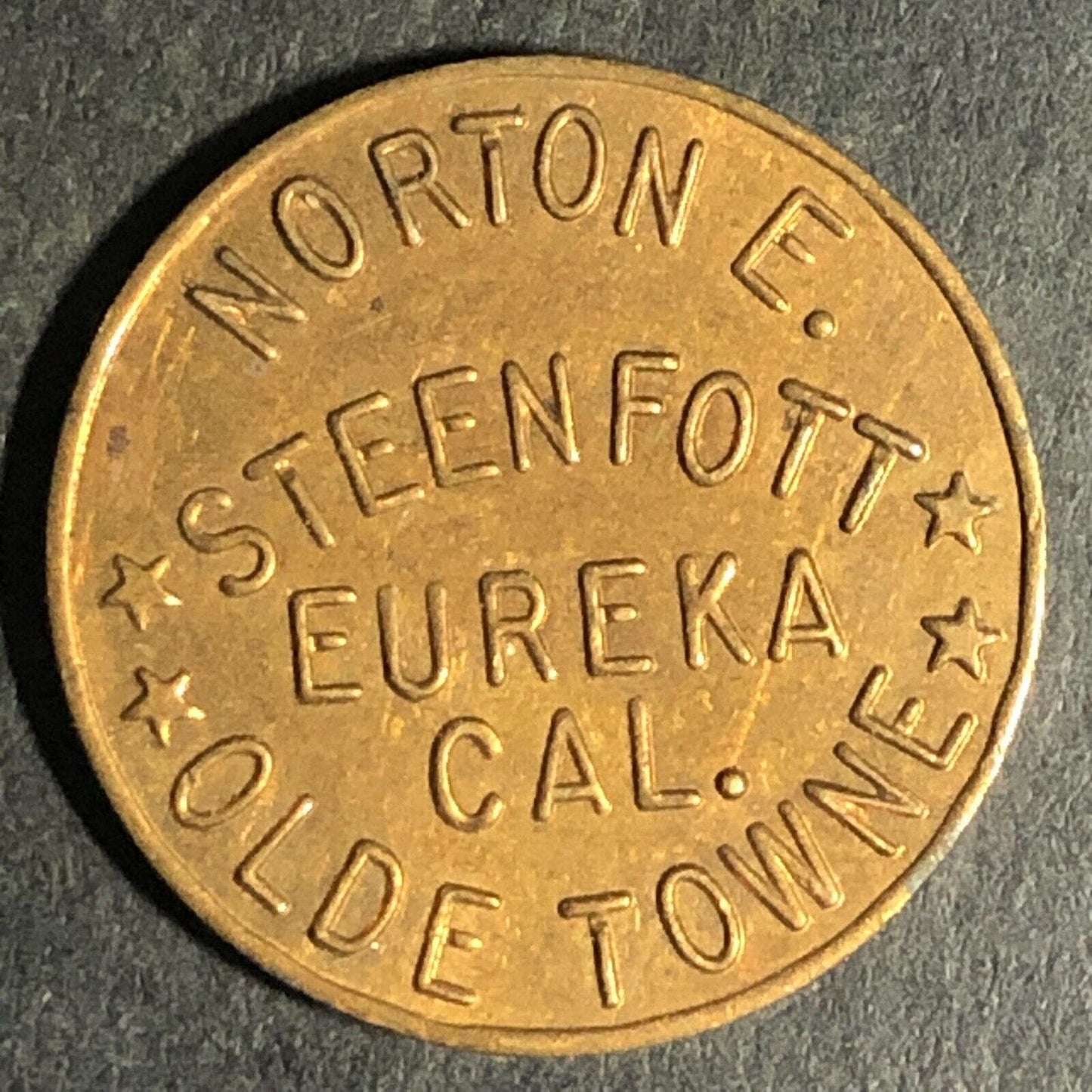 Eureka, CAL Norton E. Steenfott Olde Towne Brass Trade Token 20mm w/ Eagle