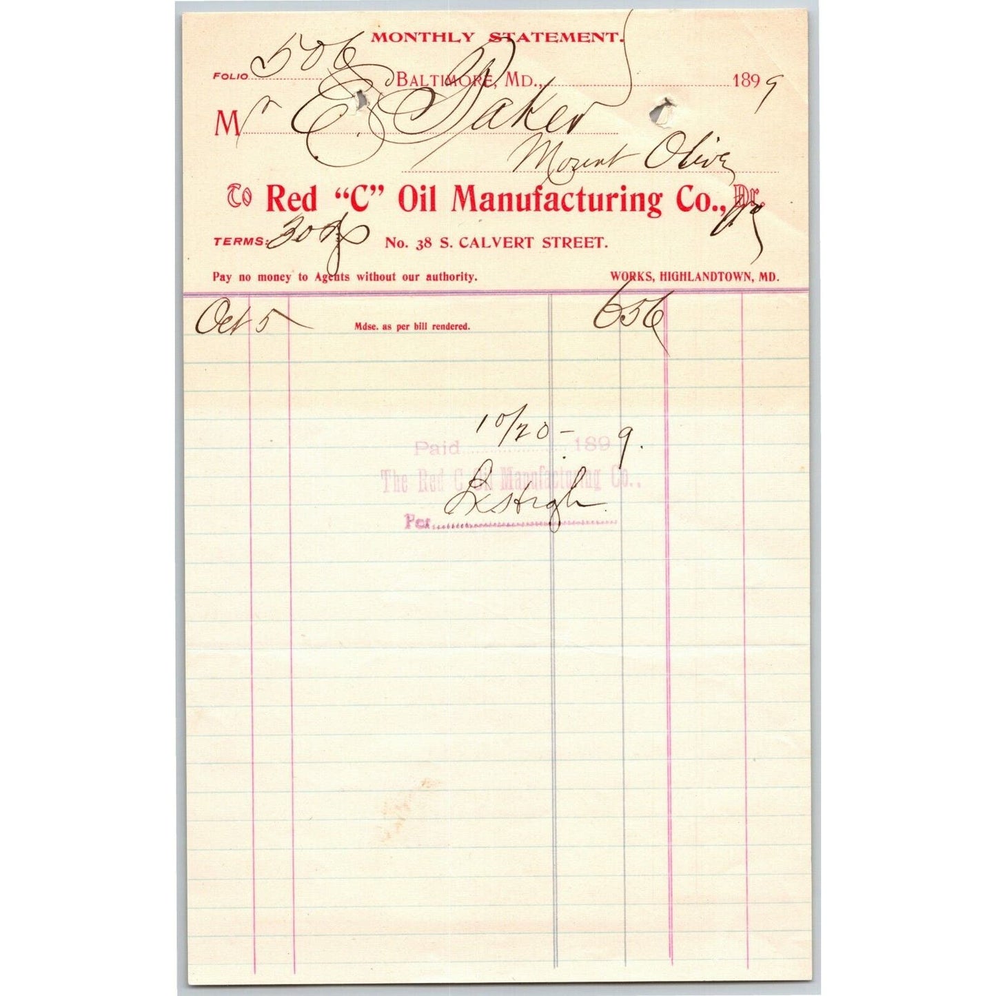 1899 Letterhead Statement Red "C" Oil Mfg. Co. Baltimore - Ephraim Baker*