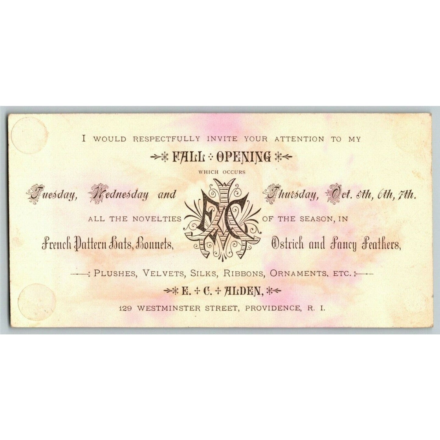 Victorian Trade Card E. C. Alden Hats Bonnets Ostrich Feathers - Providence, RI