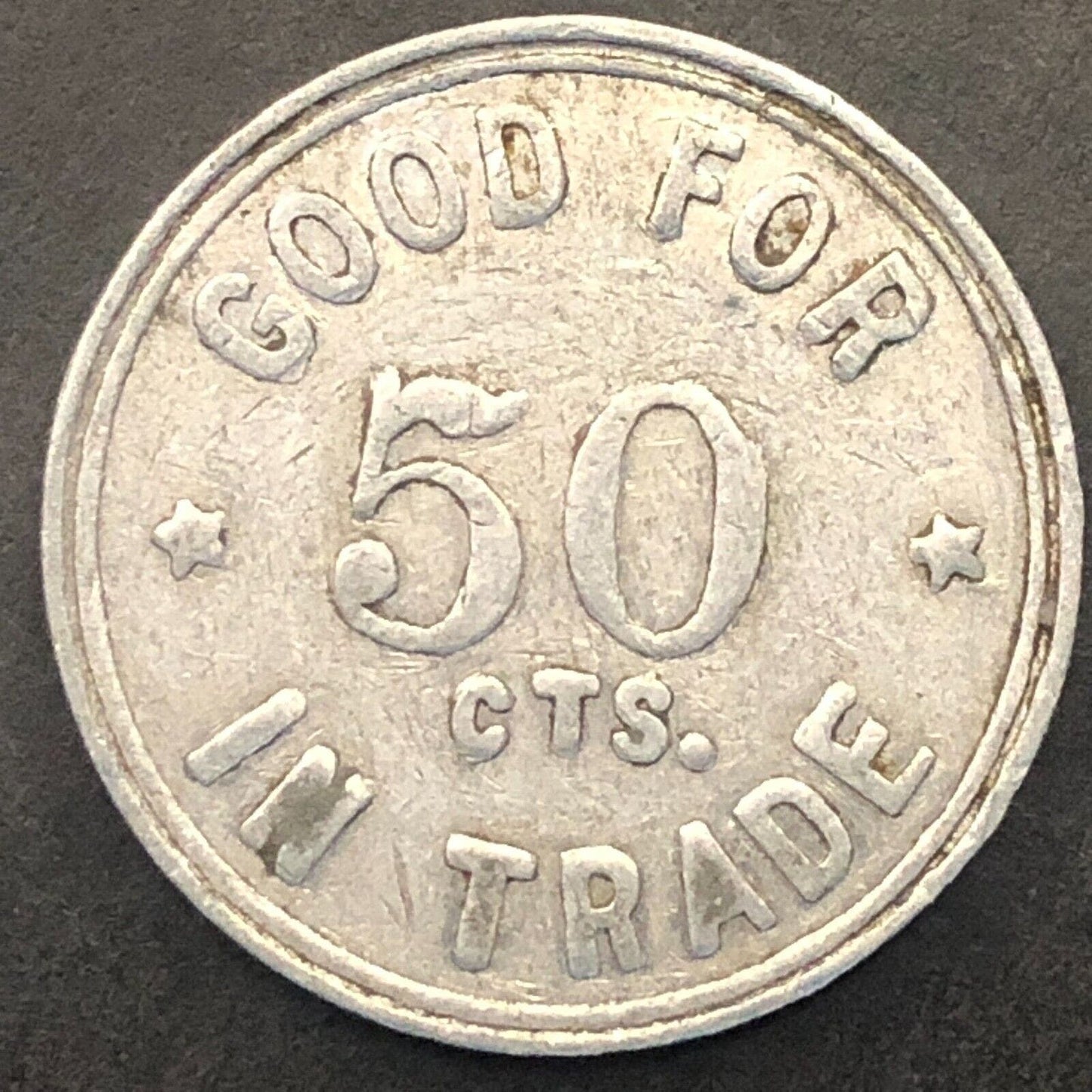 Dodge, NE Chas. Hrabak Gen. Mdse. G/F 50¢ Alum. Trade Token c1900-1917 24mm