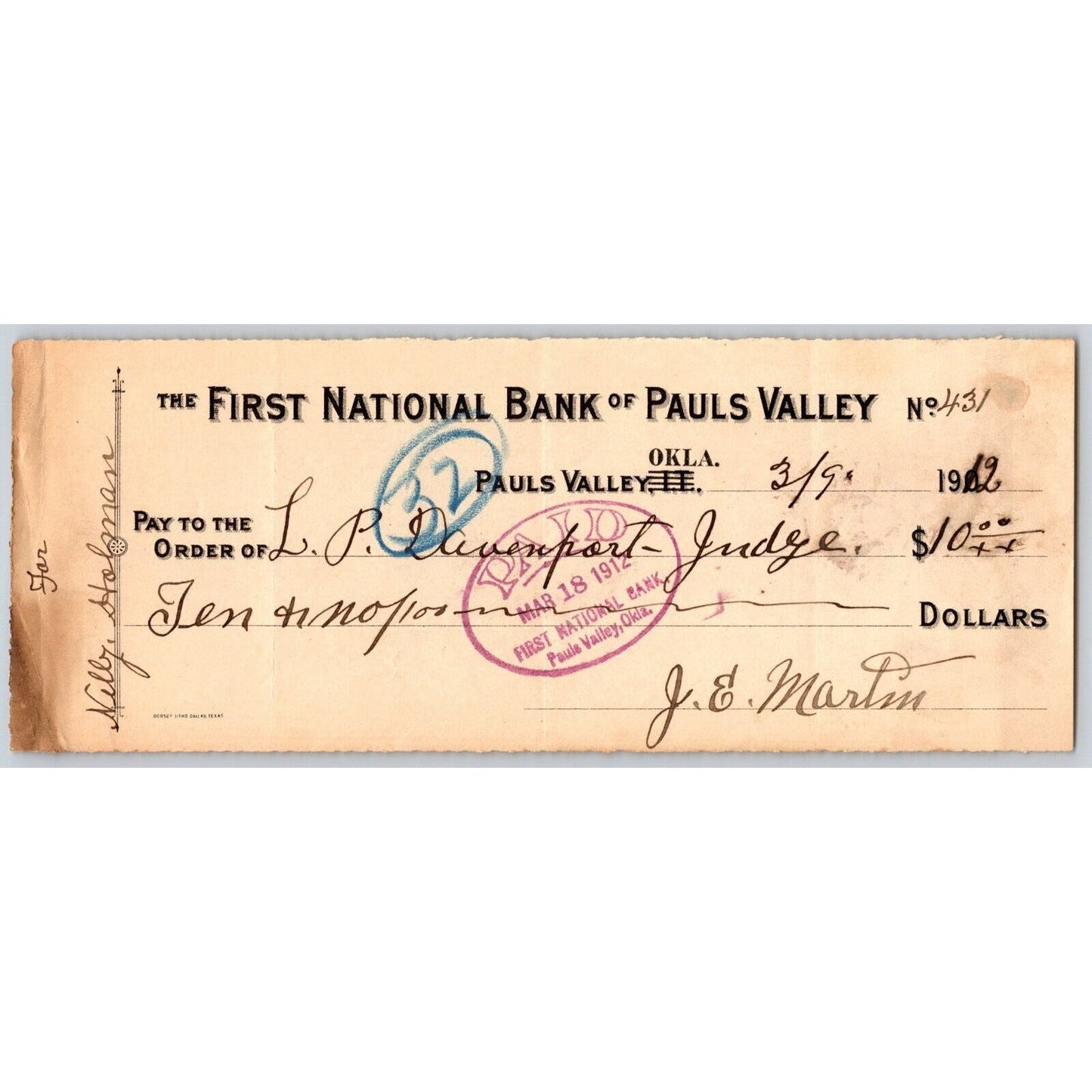 Pauls Valley, Oklahoma (w/ Indian Territory Strike-out) 1912 FNB Bank Check