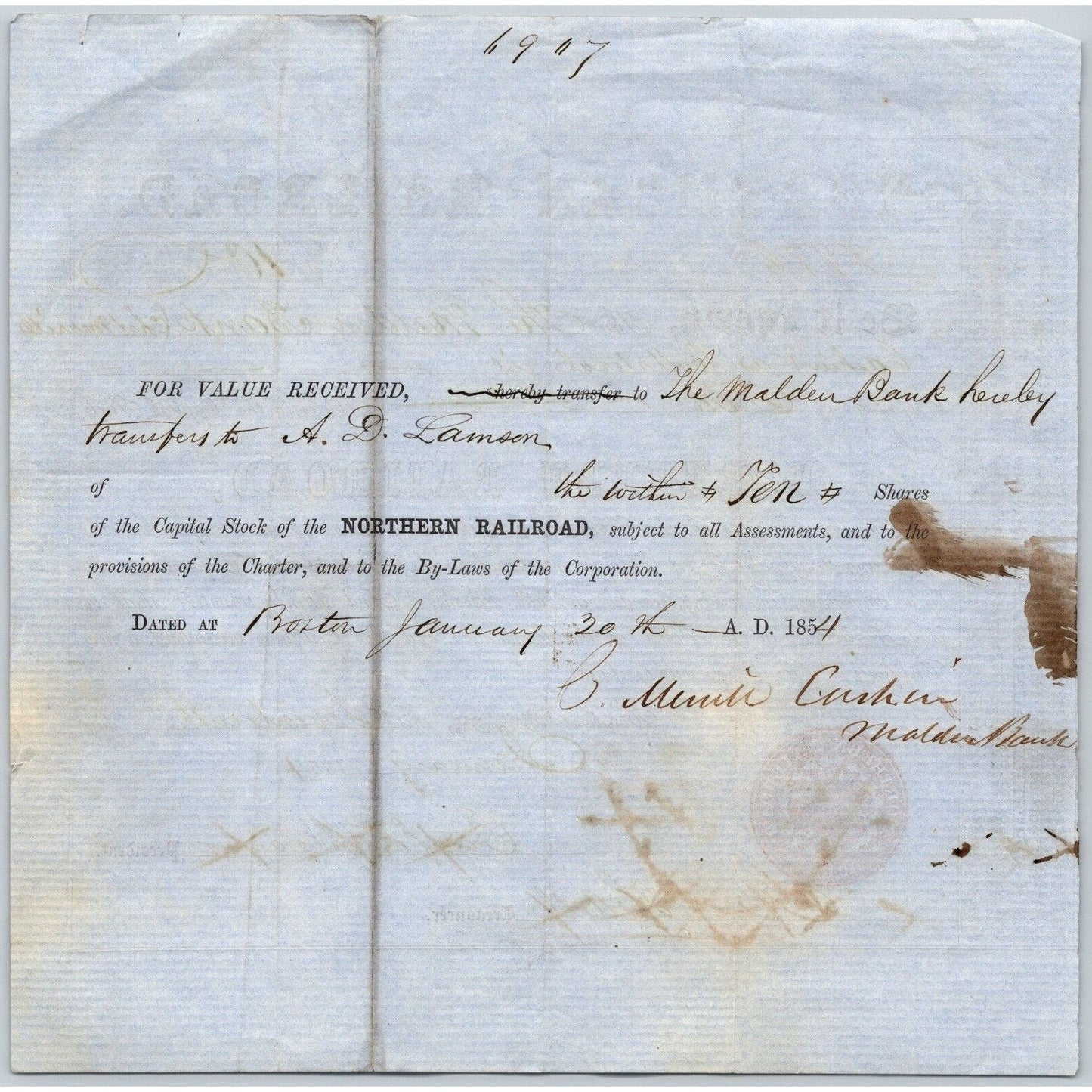 1854 Boston, MA Northern Railroad Stock Certificate No. 9976 for 10 Shares