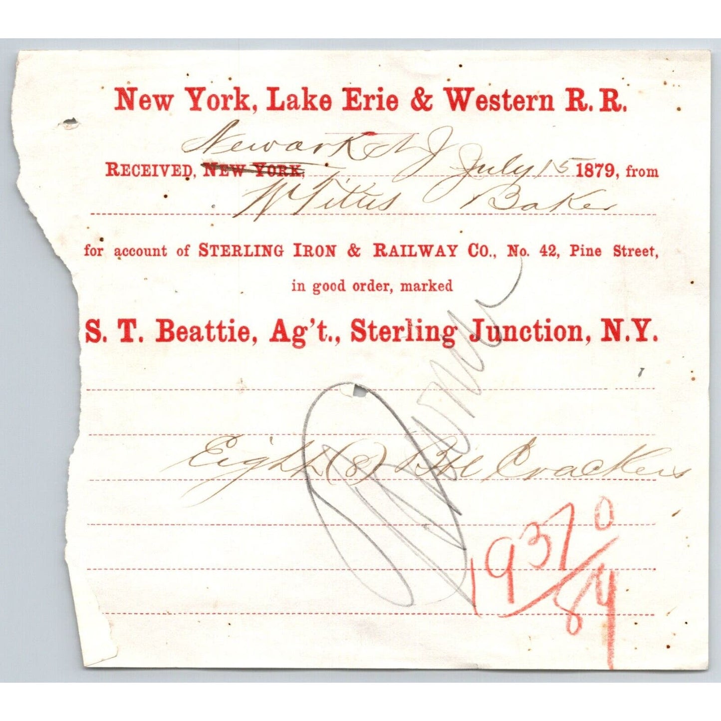 New York, Lake Erie & Western RR 1879 Railroad Freight Billhead Barrel Crackers