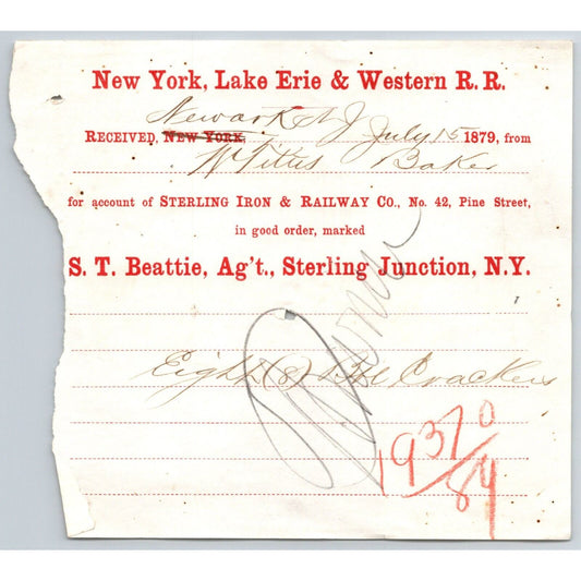 New York, Lake Erie & Western RR 1879 Railroad Freight Billhead Barrel Crackers