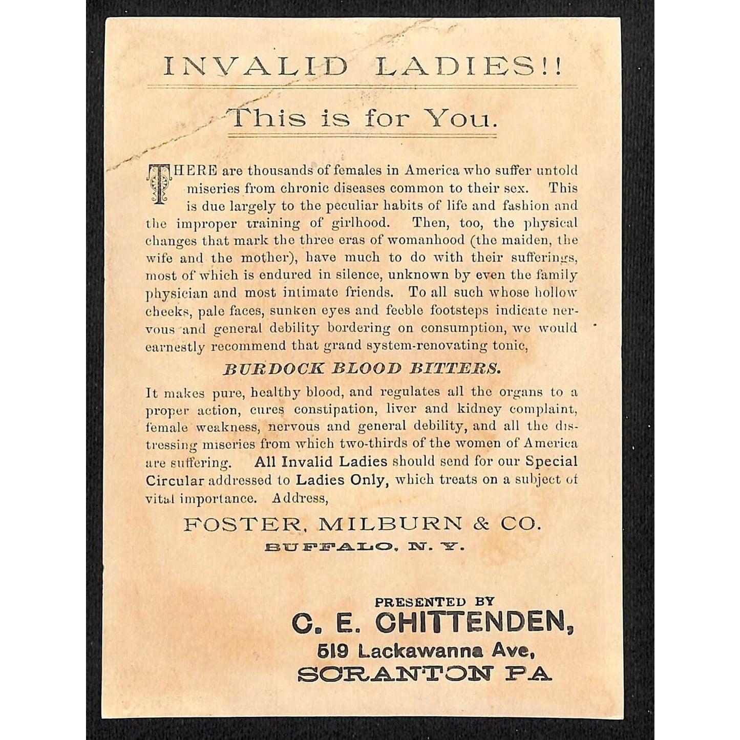 C.E Chittenden Scranton, PA Burdock Blood Bitters Victorian Trade Card