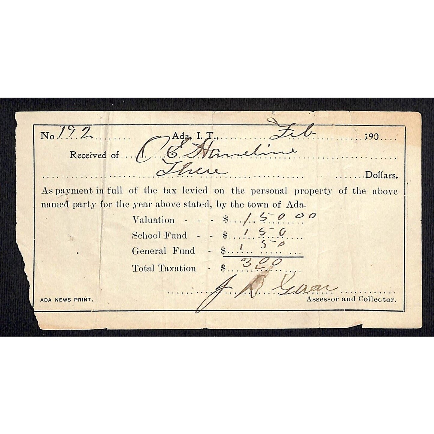 Ada, OK c1907 Indian Territory Personal Property Tax Receipt - Scarce