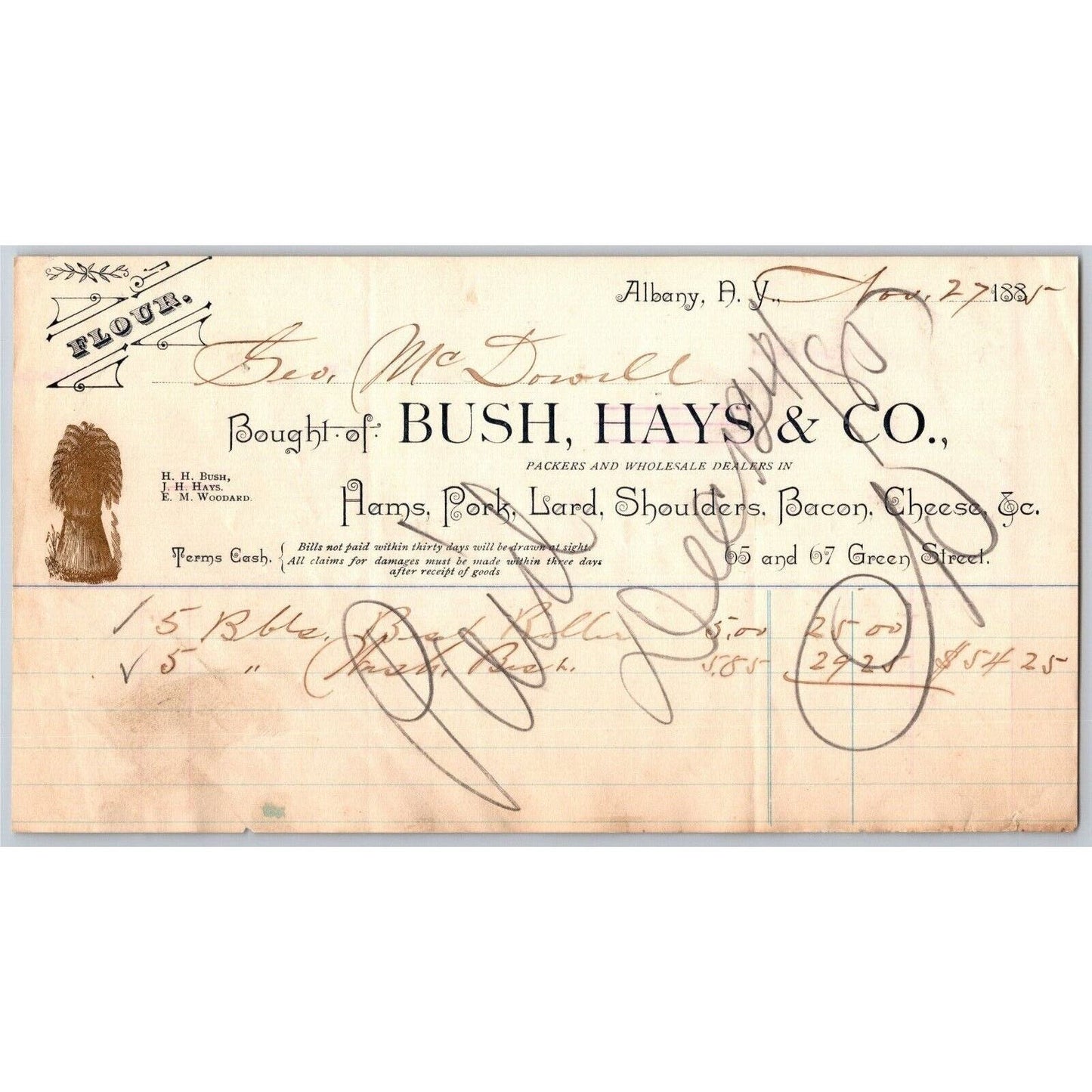 Albany, NY Letterhead - Bush, Hays & Co. - Hams Pork Lard Bacon Cheeses 1885
