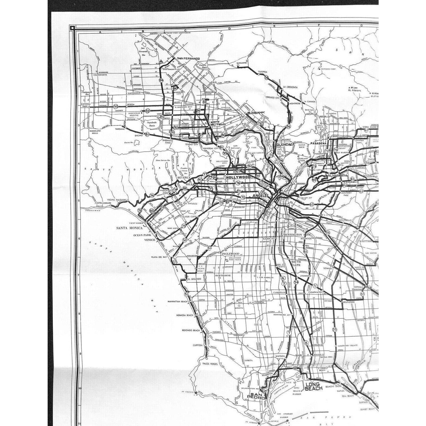 1954 Metropolitan Coach Lines Los Angeles Guide Map 21 1/2" x 33 1/2" VGC