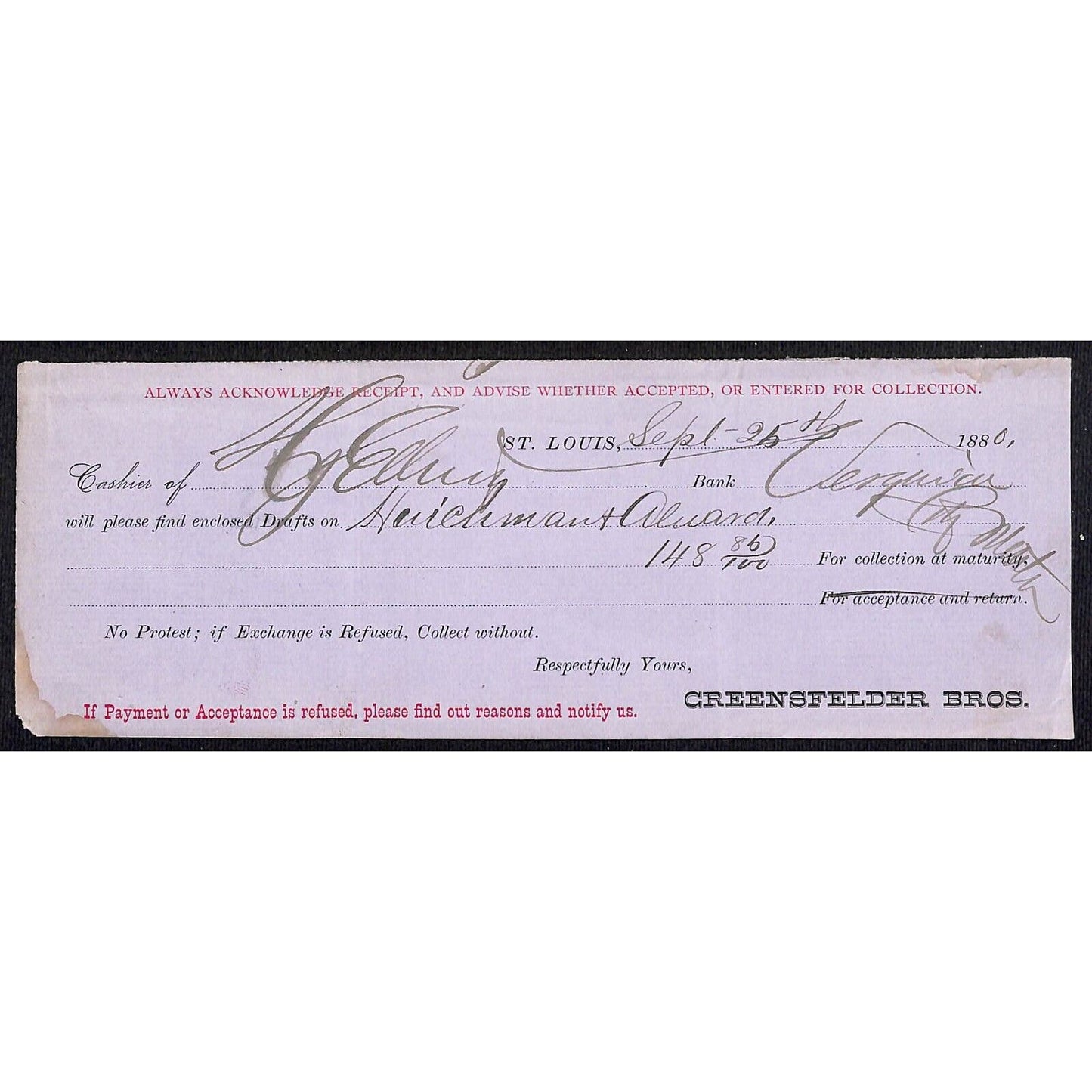 1880 Creensfelder Bros. St. Louis Bank Check - Scarce