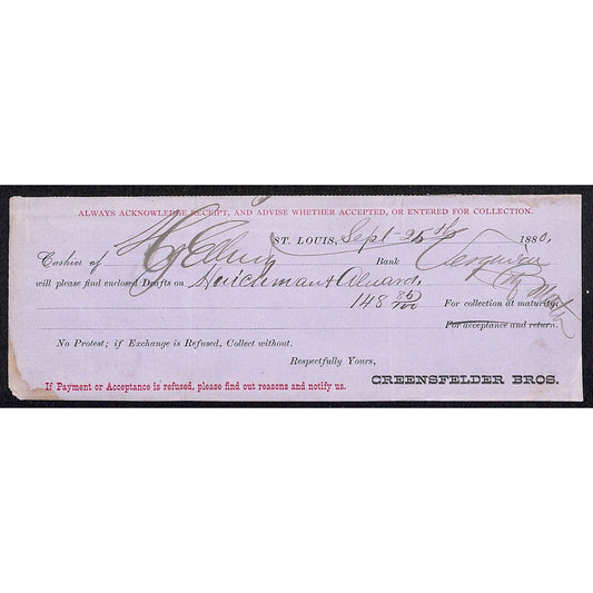 1880 Creensfelder Bros. St. Louis Bank Check - Scarce