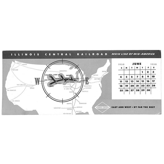 Illinois Central Railroad June 1950 Ink Blotter w/ Route Map Country Outline