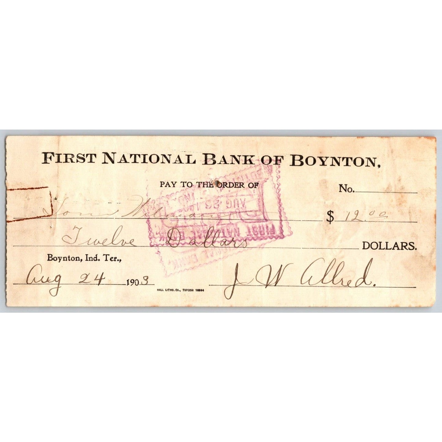 Boynton, OK 1903 Indian Territory FNB Bank Check - Scarce