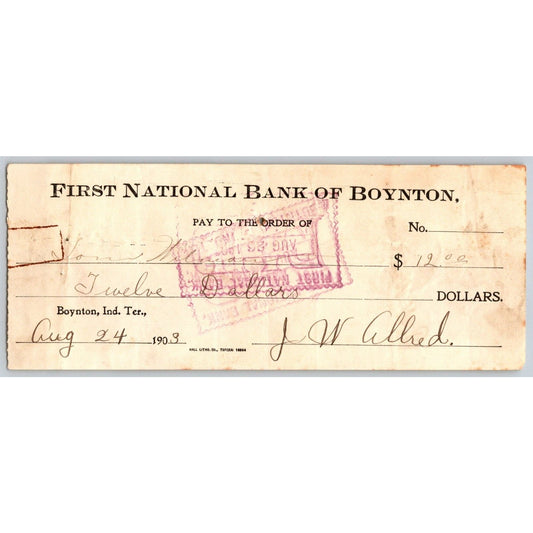 Boynton, OK 1903 Indian Territory FNB Bank Check - Scarce
